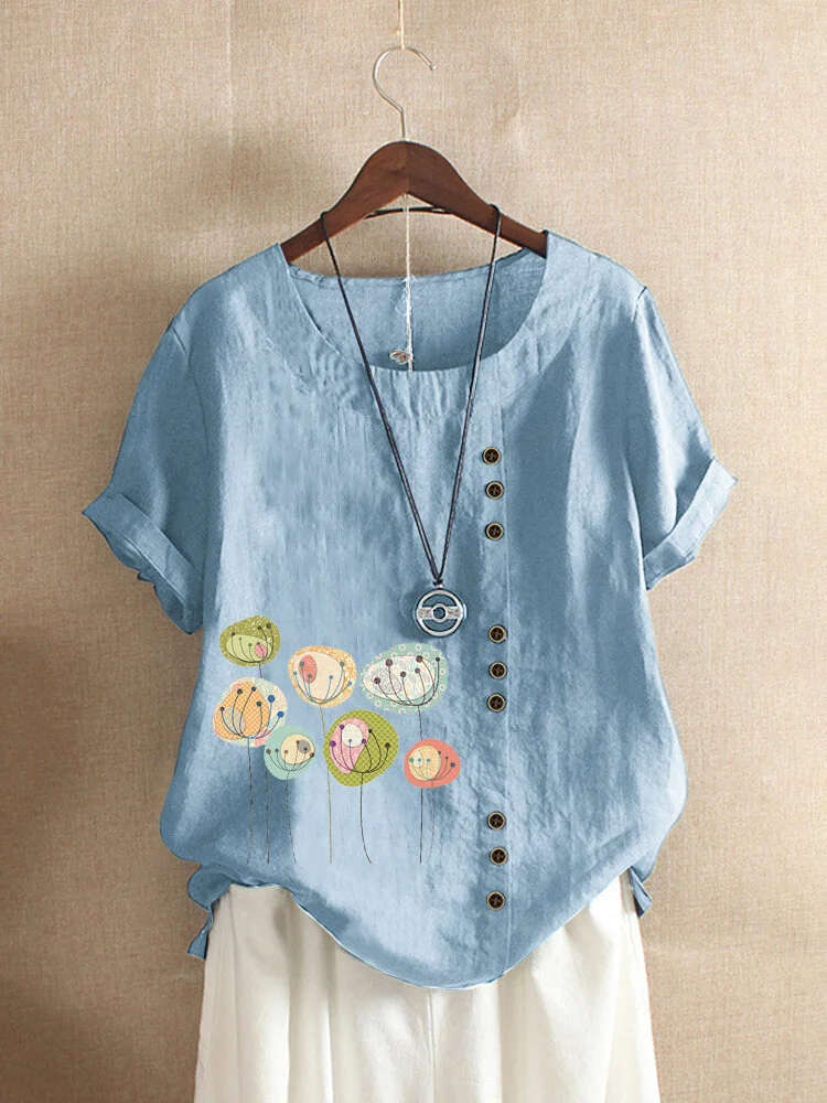 Button Cartoon Floral Print Short Sleeve Casual T shirt P1509230