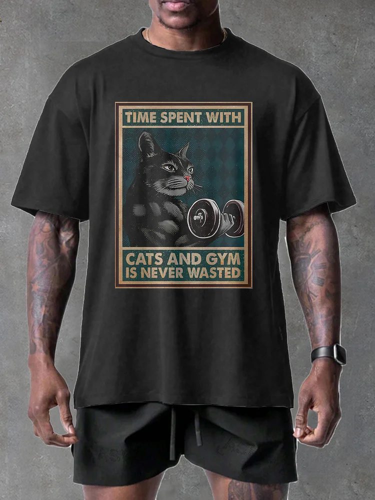 Men's Time Spent With Cats And Gym Is Never Wasted Illustration Print Cotton Washed T-Shirt