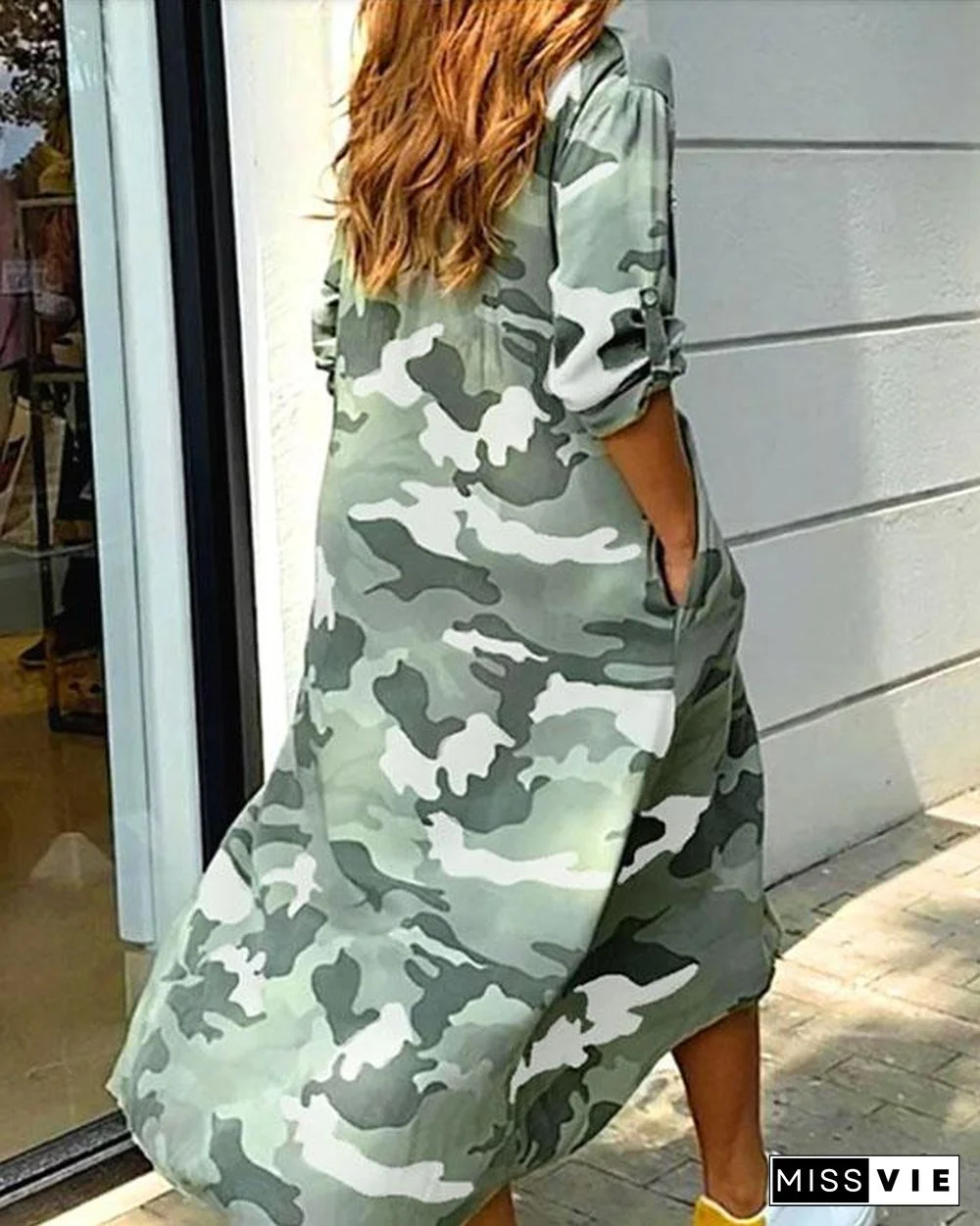 Camouflage Print Sequins Pocket Design Maxi Dress