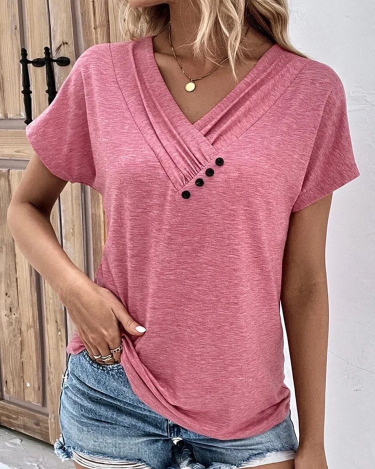 Casual V-Neck Short Sleeve Regular Pullover Solid T-Shirt