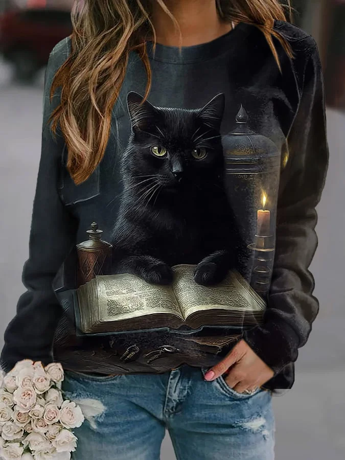Women's Black Cat Print Long Sleeve Sweatshirt