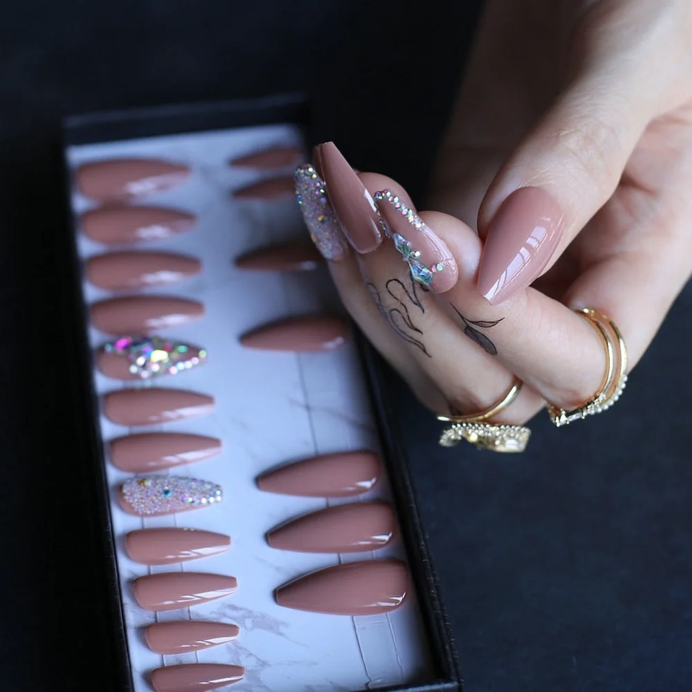 Coffin Nude Glossy Press on nails with box AB holographic Crystal caviar Fake nails Gel Cover False nails Ballet buff tan-Nail Inspo