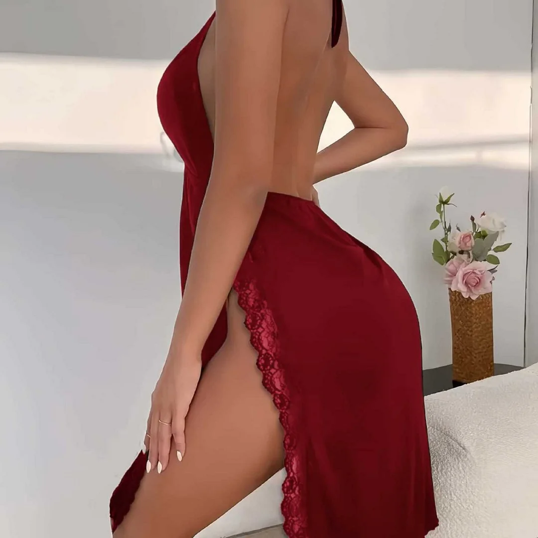 Wongn Wongn Selling Sexy Pajamas Hanging Neck Sleeping Dress Show Back Large Size Suit Open Fork Home Clothing Source Factory