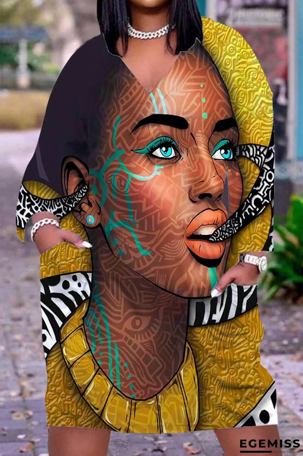 Earth Yellow Casual Street Print Patchwork V Neck Straight Dresses | EGEMISS