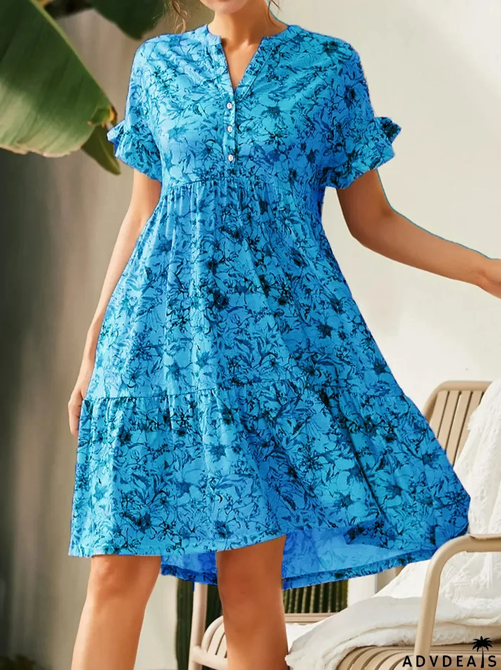Deep V Neck Button Print Loose Bell Sleeve A-Line Casual Dress