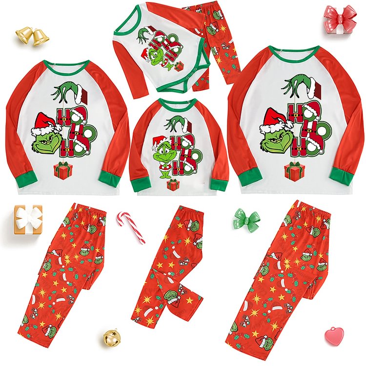 Exclusive Design Christmas Family Matching Sleepwear Pajamas Sets Red Grinch Hohoho Slogan Sets