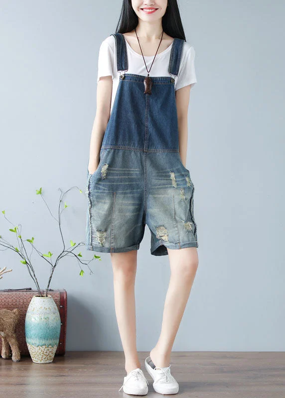 Simple Denim Blue Oversized Cotton Shorts Jumpsuit Ripped Jeans Summer