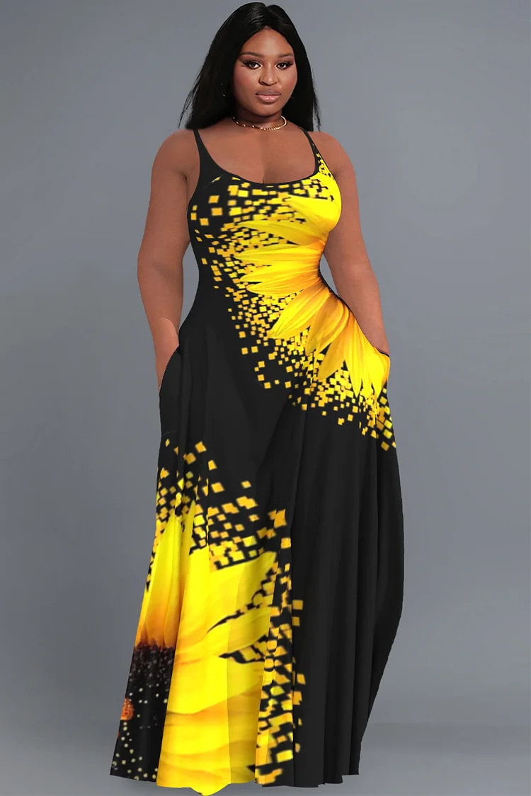 Xpluswear Design Plus Size Casual Sundress Sunflower Print Cami With Pockets Maxi Dresses