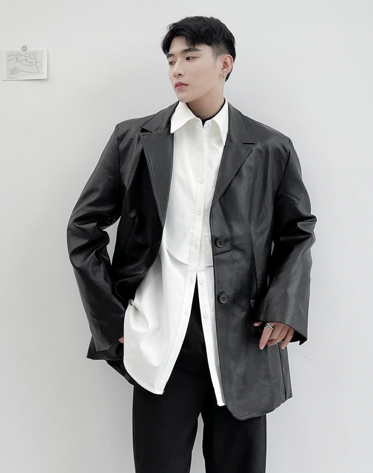 dawfashion-Men's Niche Korean Retro Pu Leather Suit Loose Single-breasted Jacket Casual YM196 P125-Dawfashion- Original Design Clothing Store-Halloween 2022