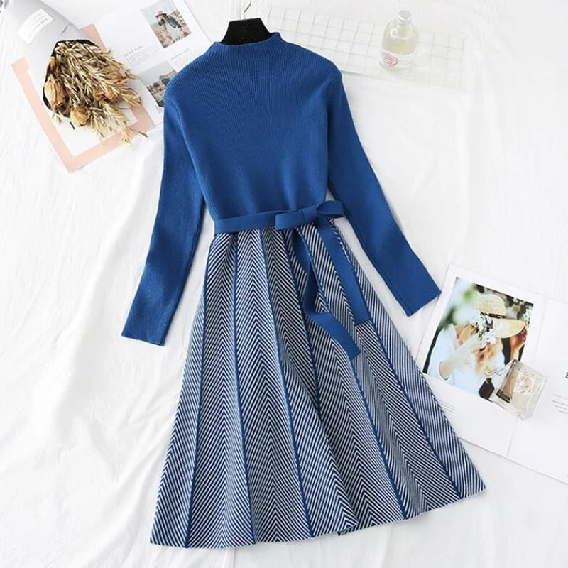 Korean Long Sleeve Half Turtleneck A-Line Elegant Bandage Knitted Dress BE549