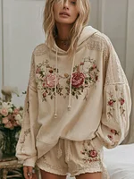Women's Floral Embroidery Art Cozy Hooded Sweatshirt