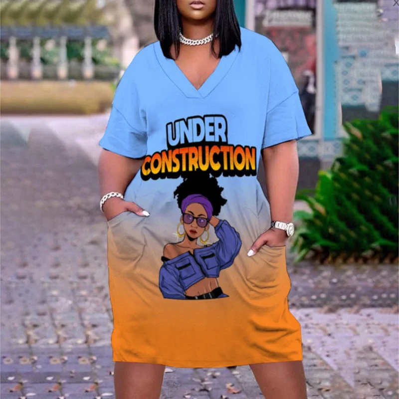 UNDER CONSTRUCTION Print Plus Size V Neck Mid Sleeve Dress