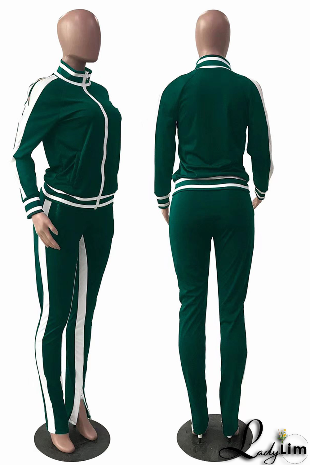 Black Yellow Casual Print Slit Zipper Collar Long Sleeve Two Pieces