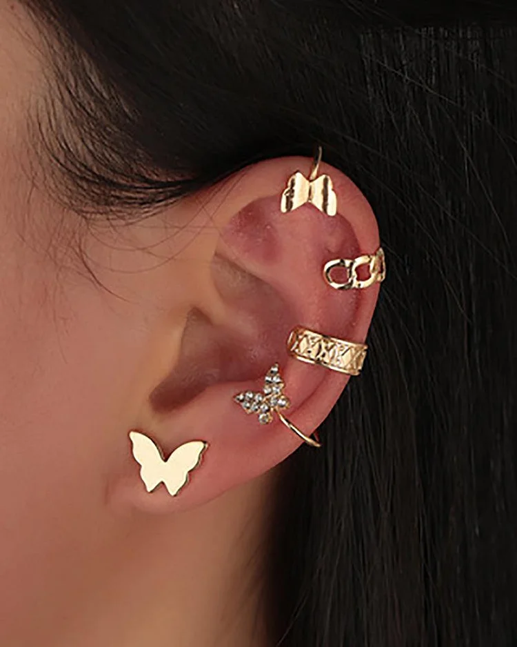 5PCS Butterfly Decor Studded Earrings & Ear Cuff Set P7748643880