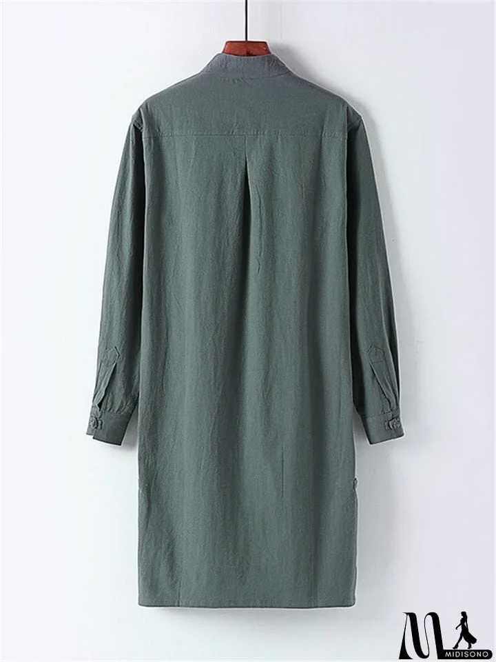 MidiSono - Mens Vintage Stand Collar Solid Color Cotton&Linen Robes