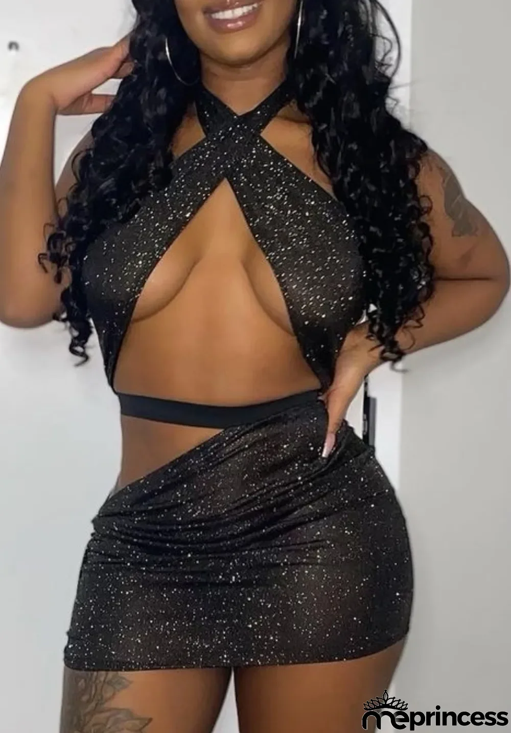 Summer Black Sequins Sexy Wrapped Crop Top and Mini Skirt 2PC Set