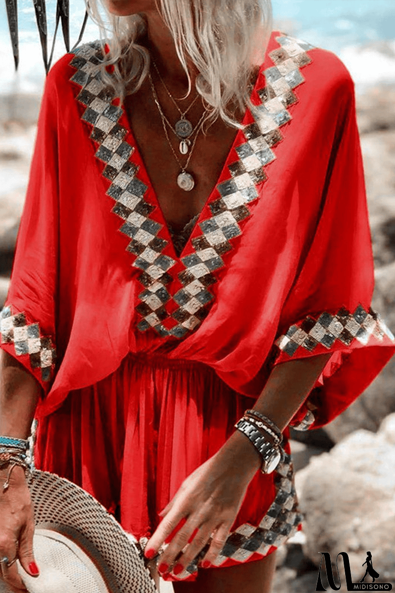 MidiSono - Print V Neck Bat Sleeve Romper