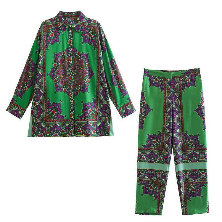 Flaxmaker Casual Retro Printed Green Two Piece Set