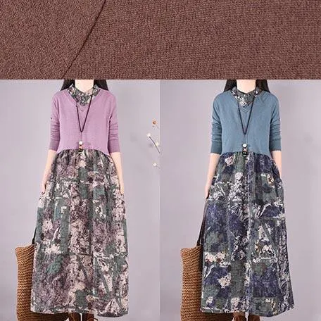 Natural Patchwork Spring Clothes Fabrics Purple Print Loose Dress