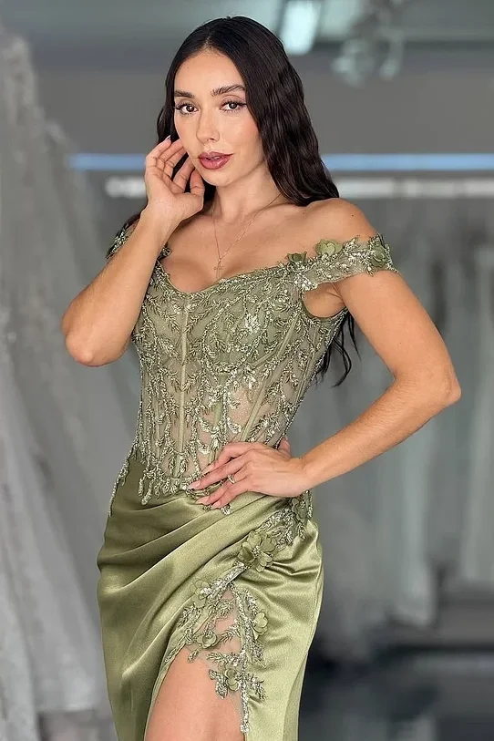 Daisda Green Sleeveless Off-Shoulders Mermaid Embroidery Prom Dress