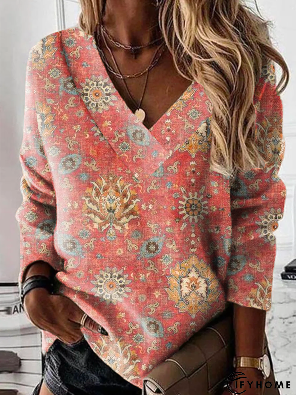 V Neck Printed Casual Tunic Sweatshirt | IFYHOME