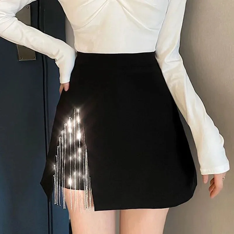 Toloer Black Side Split Rhinestone Fringe Mini Skirt-Outfit Ideas