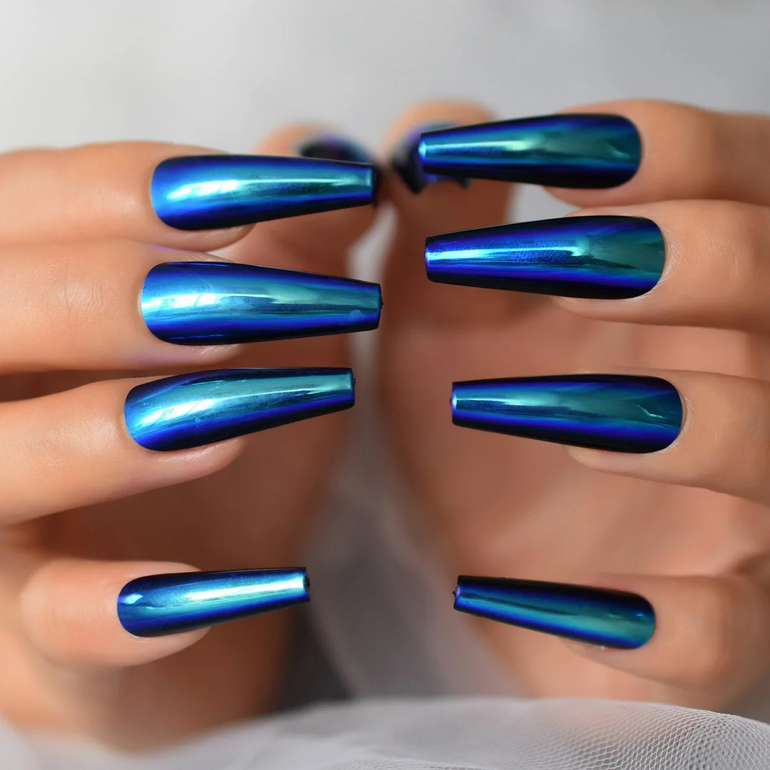 Chrome Metallic Fake Nails Set Mirror Extra Long Press On Nails Coffin Ballerina Blue Acrylic False Nail Art Tips For Women-Nail Inspo