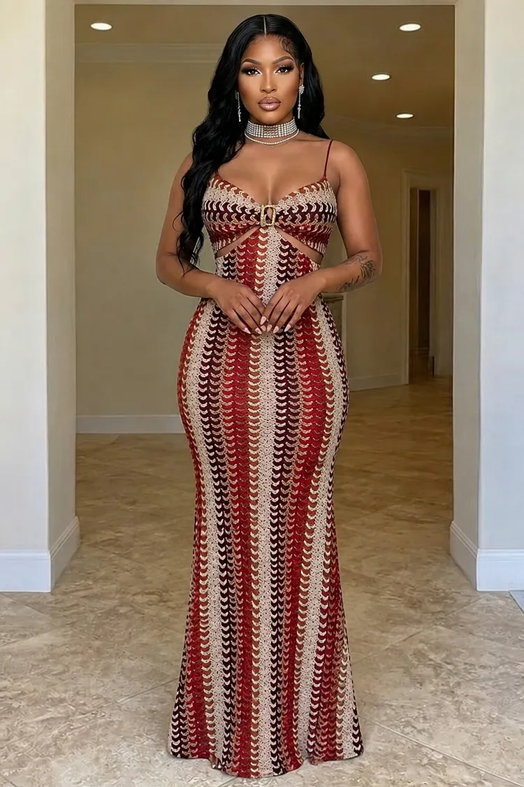 Wavy Texture Cami Neck Cut Out Slim Fit Knit Maxi Dresses-Red