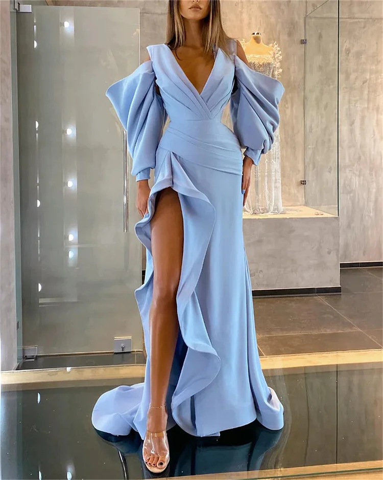 Women's Blue V-neck Ruffled Dress