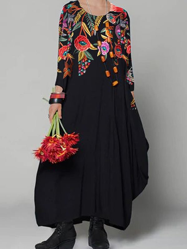 Womens Loose Colorful Floral Embroidery Maxi Dresses