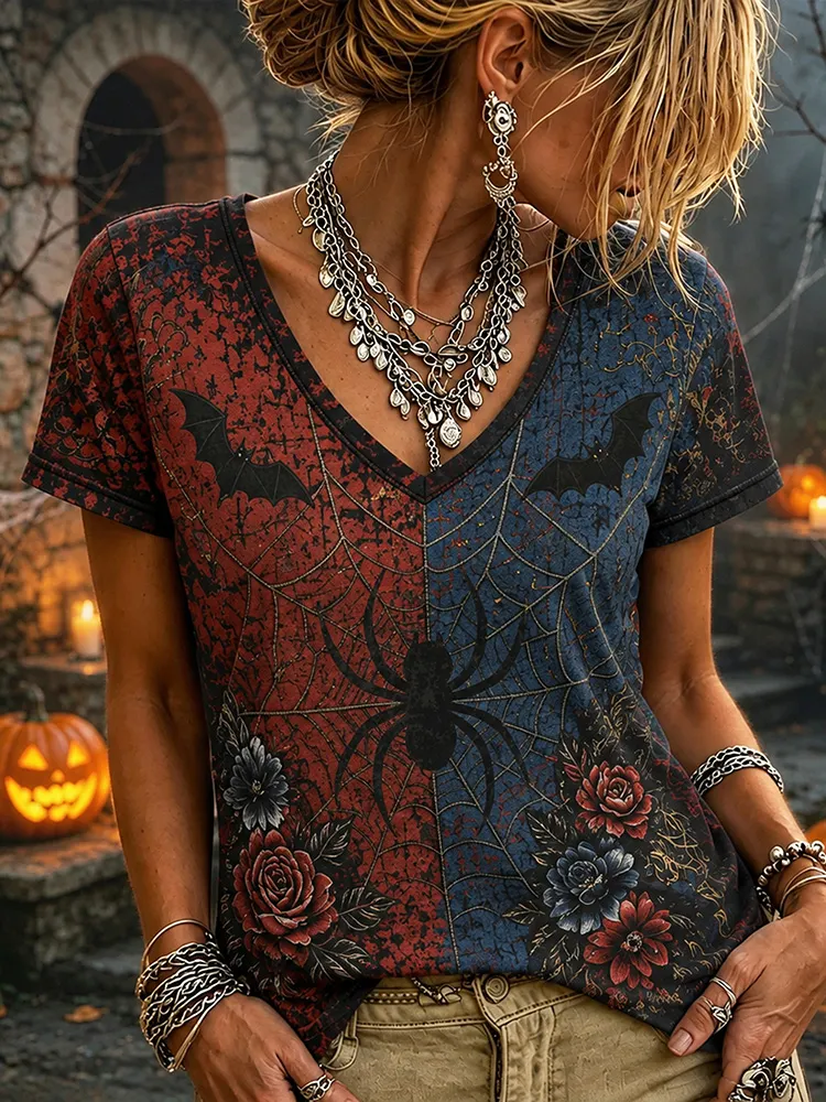Women's Vintage Distressed Washed Halloween Spider Bat Floral Print V-neck Short Sleeve T-shirt