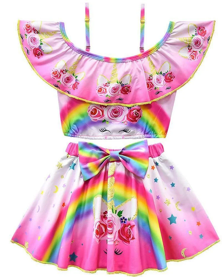 Rainbow Unicorn Rose Flower Print 3-9 Years Girls Two Piece Swimsuit-Mayoulove