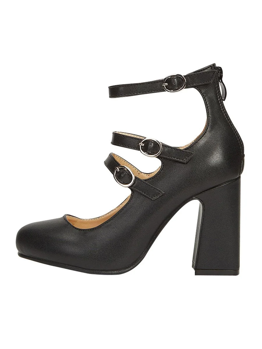 Roman Shoe Round Toe with One-Word Buckle Plain Strappy Chunky Heels