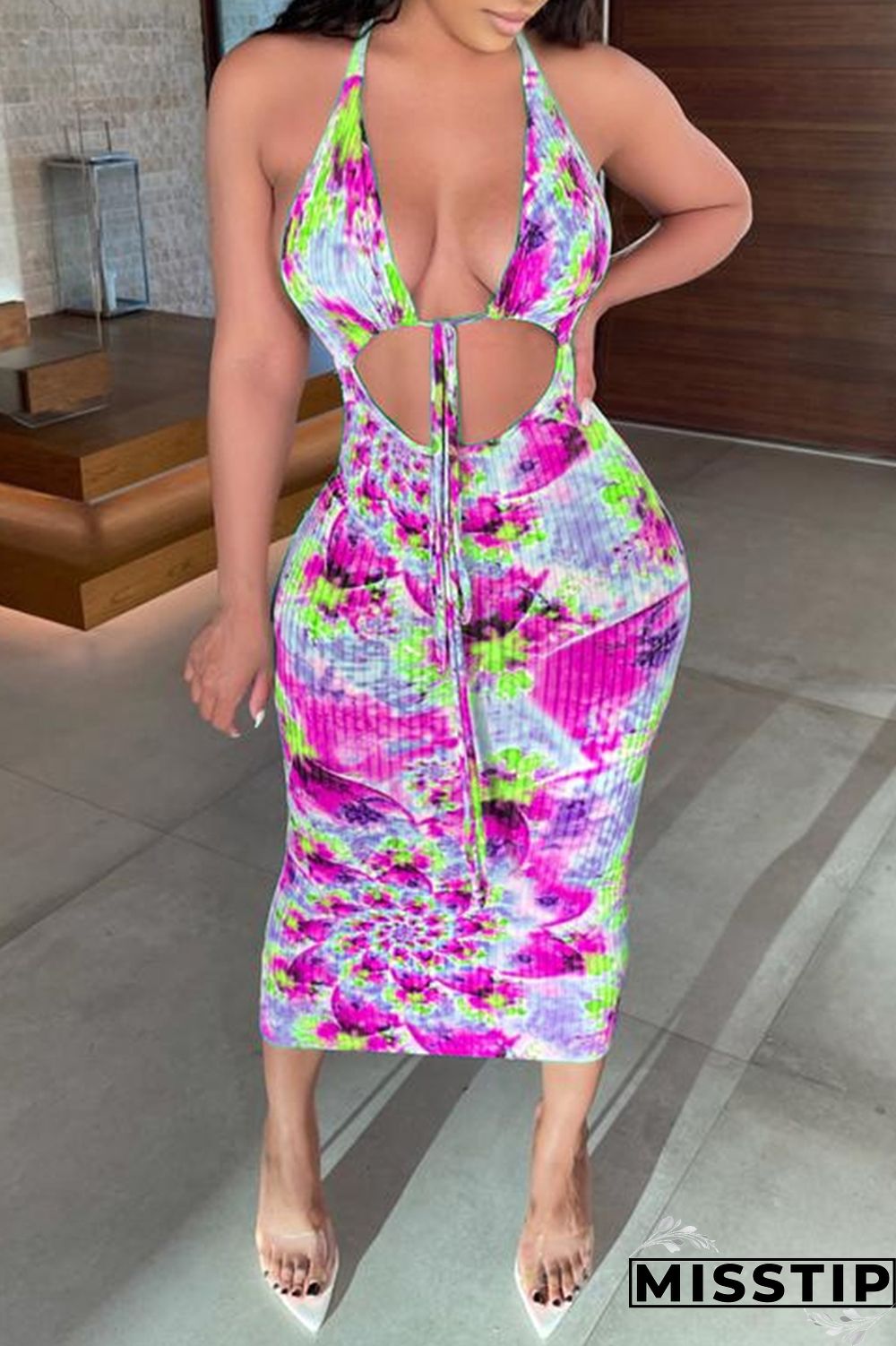 Green Fashion Sexy Print Tie Dye Hollowed Out Backless Halter Sleeveless Dress