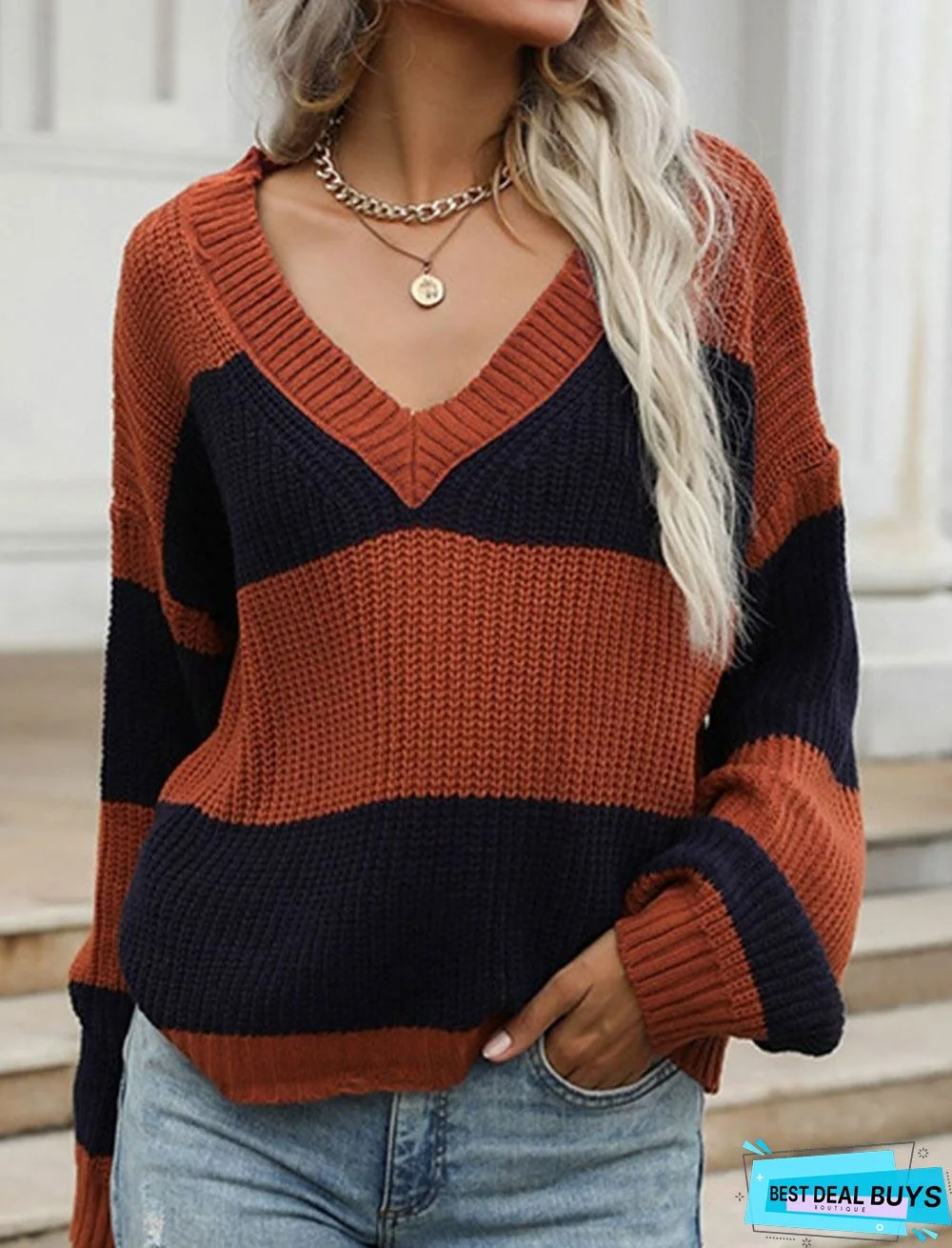 Fashion Striped V-Neck Long-Sleeved Casual Pullover