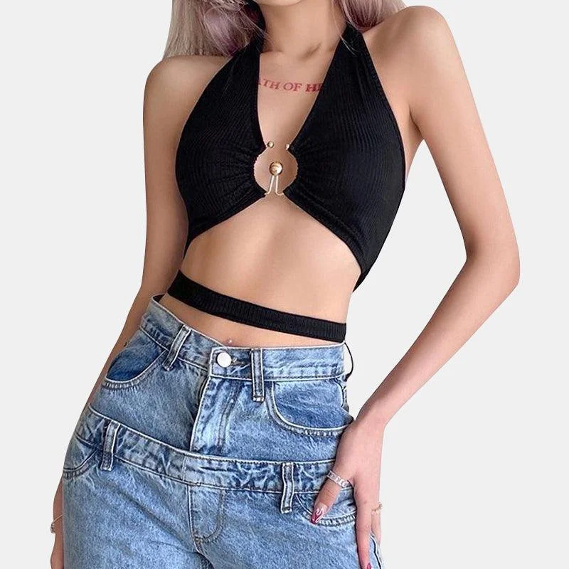 Cross Strap Halterneck Hollow Top