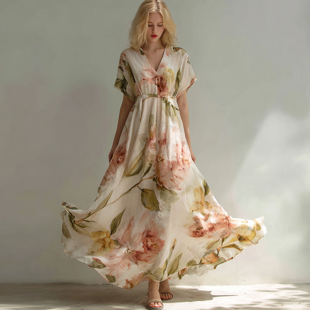 Women's Retro Plant Flower Pattern V-neck Short-sleeve Casual Linen Dress elevenforest
