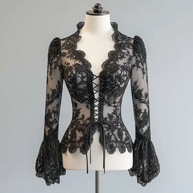 Ursime See-Through Lace V Neck Flare Sleeve Lace Up Blouse