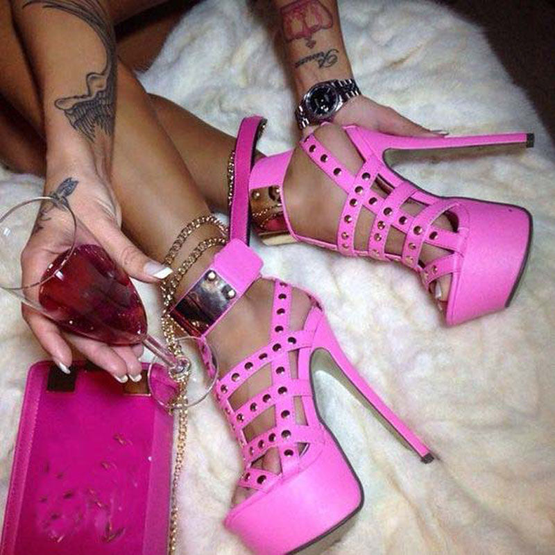 VCSHOES Rose Red Platform Leather High Heel Sandals