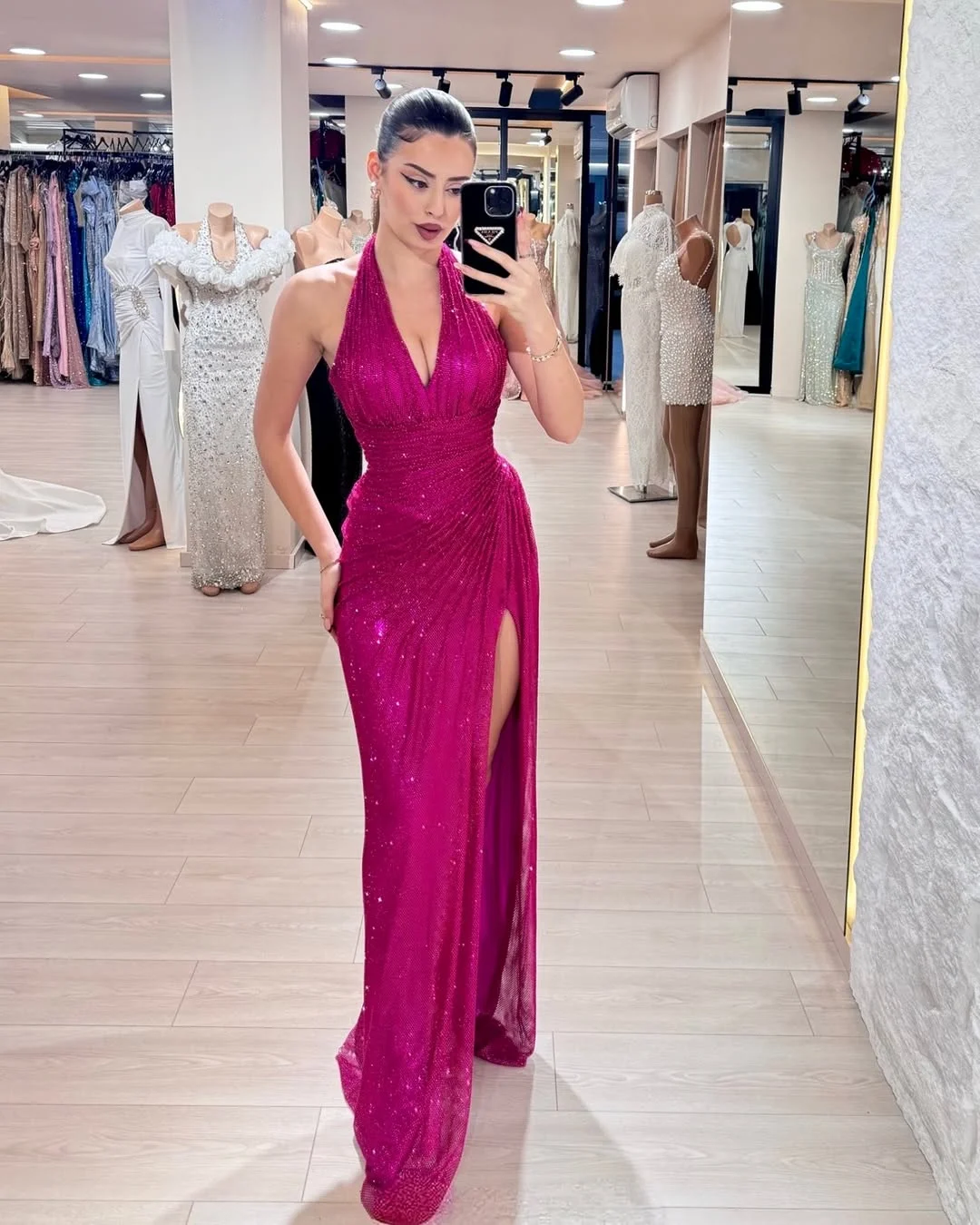 Gorgeous Purple Halter Strap Split Sleeveless Pleated Prom Dress YK0160