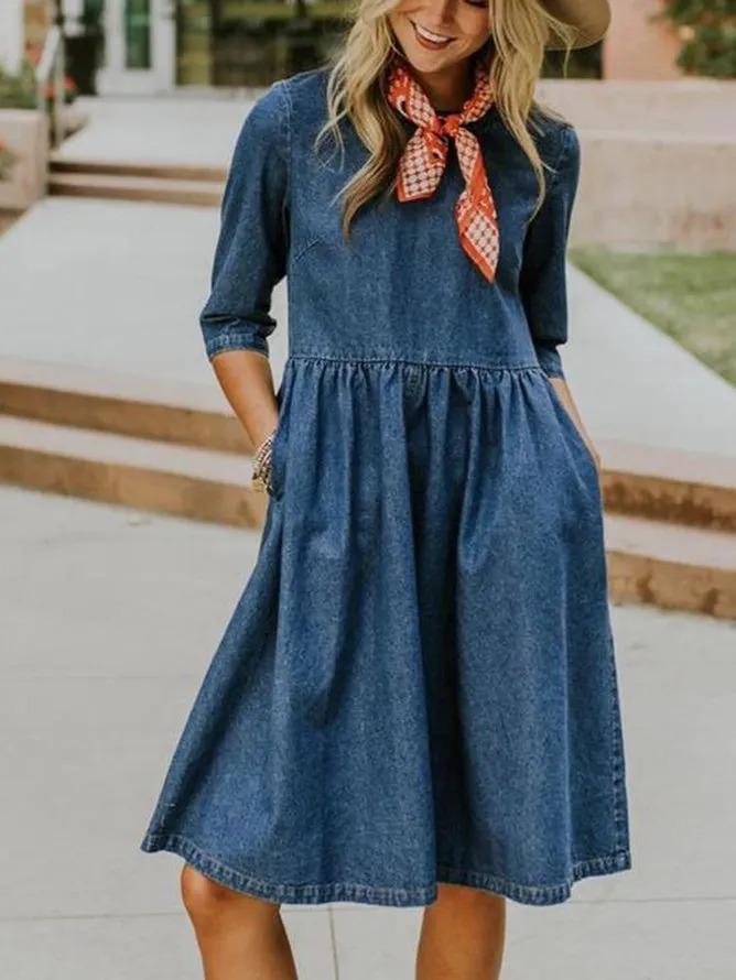 Blue Half Sleeve Crew Neck Plain Denim Dresses