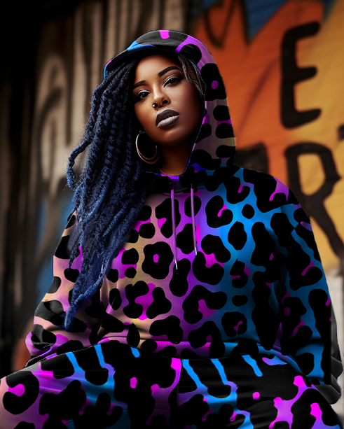 Women's Plus Size Colorful Leopard Hoodies and Sweatpants 2-Piece Set