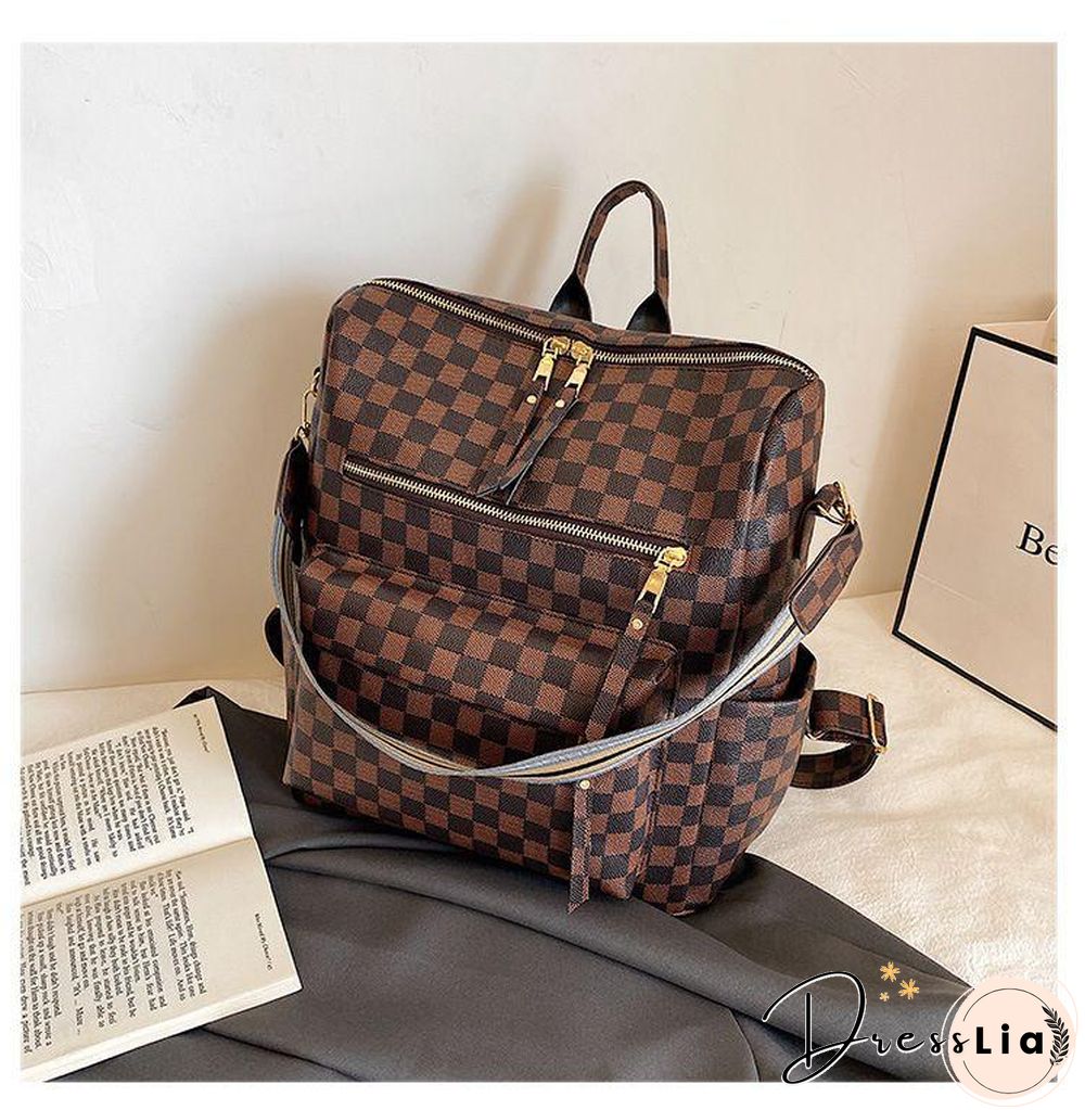 Retro Faux Leather Check Pattern Print Rucksack Vegan Backpack Tote