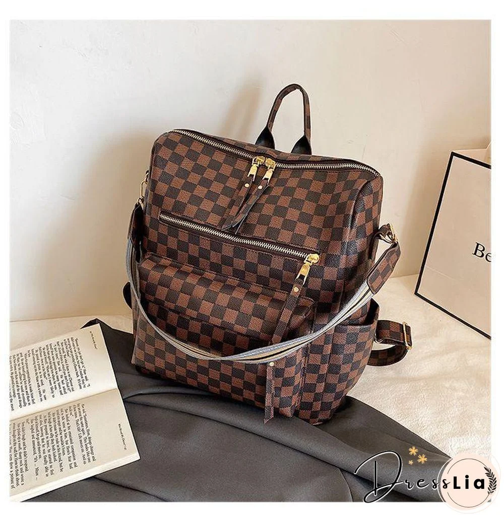 Retro Faux Leather Check Pattern Print Rucksack Vegan Backpack Tote