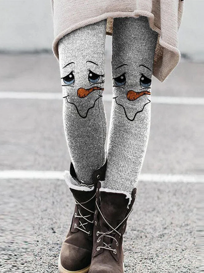 Snowman Face Christmas Style Pattern Women's Warm Cozy Knit Leggings