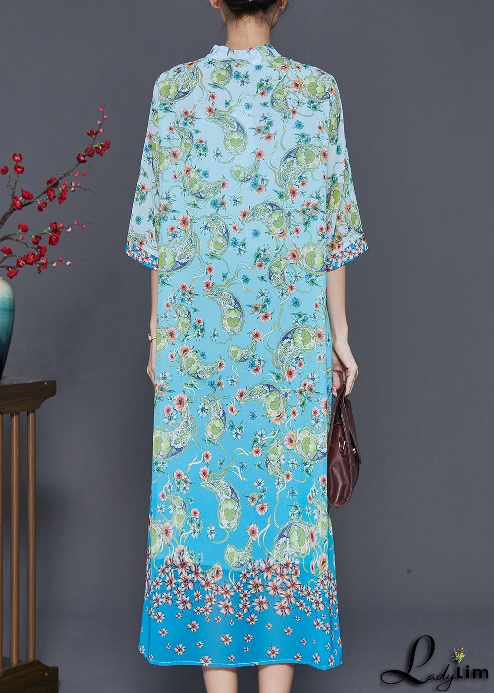 Elegant Blue Print Draping Chiffon Long Dresses Summer