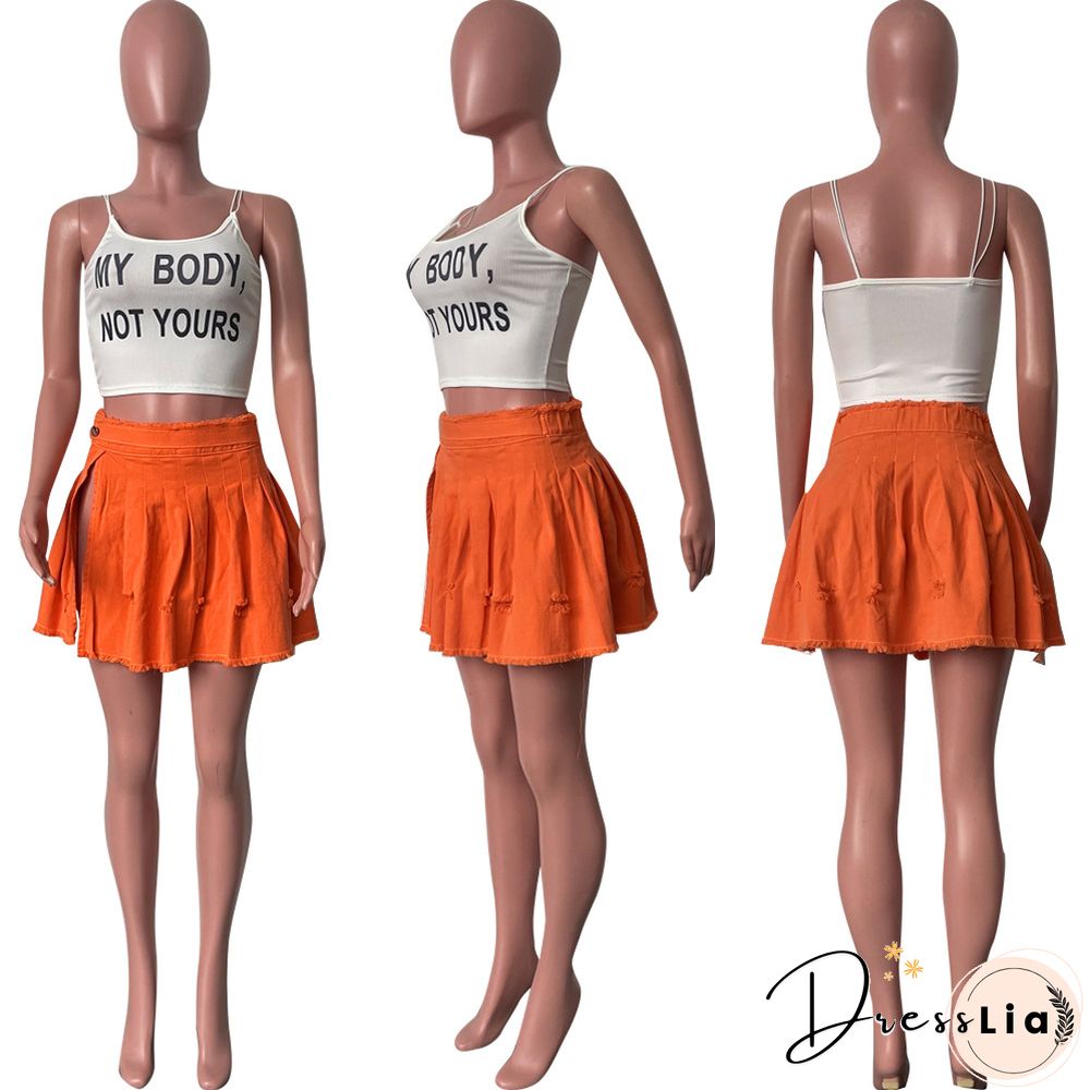 High Waist Street Pleated Slit A Line Mini Denim Skirt