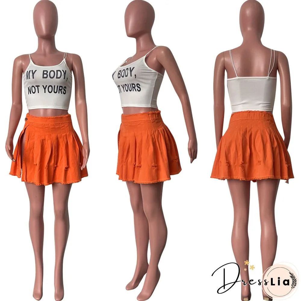 High Waist Street Pleated Slit A Line Mini Denim Skirt