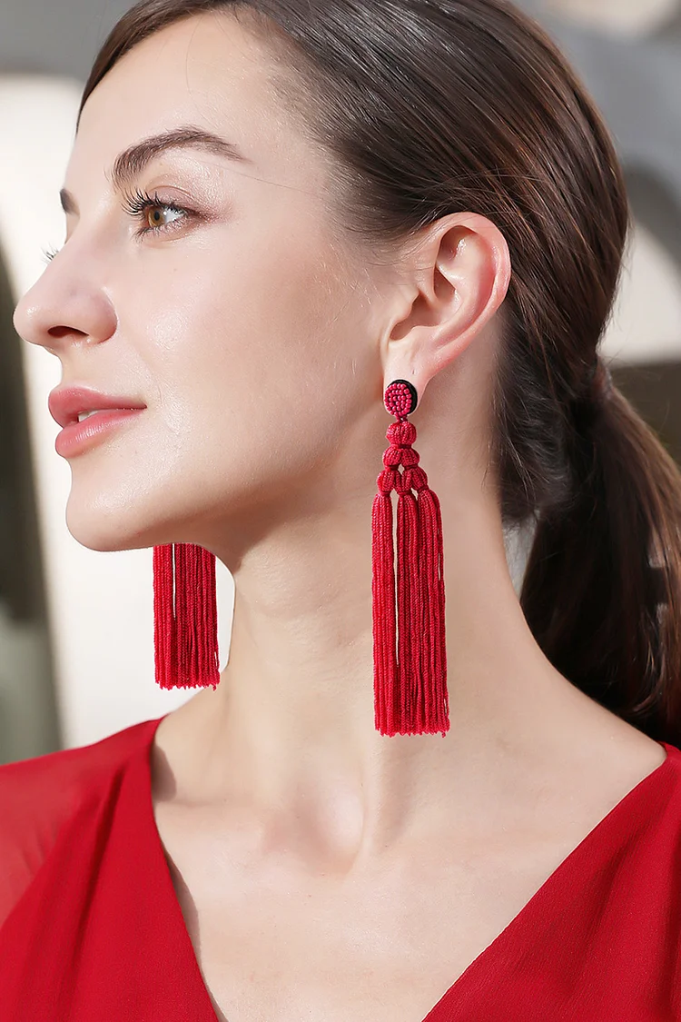 Long Fringe Beads Plain Earrings