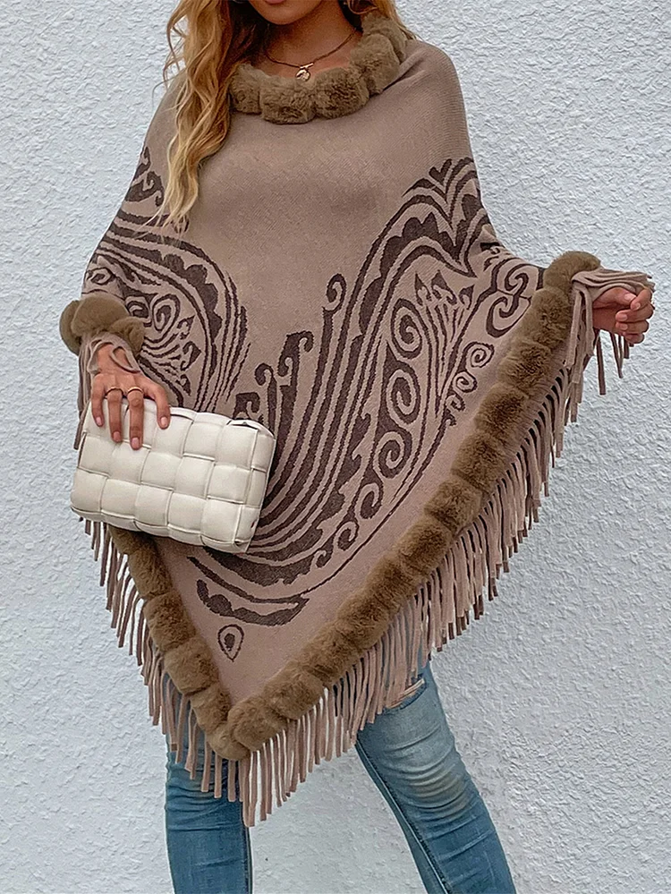 Pullover Tassel Shawl Sweater Cape Poncho Western Style Poncho